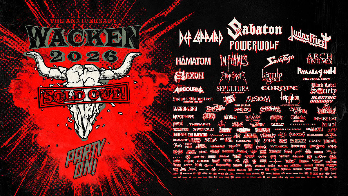 Cartel oficial de Wacken Open Air 2026 con el sello Sold Out y todas las bandas